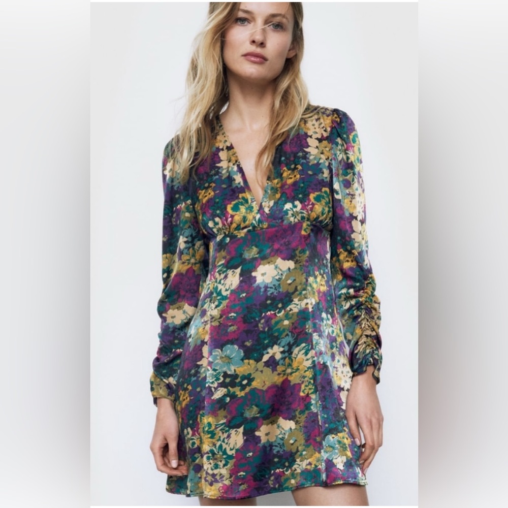 Zara Purple and Pink Ruched Long Sleeve Sundress